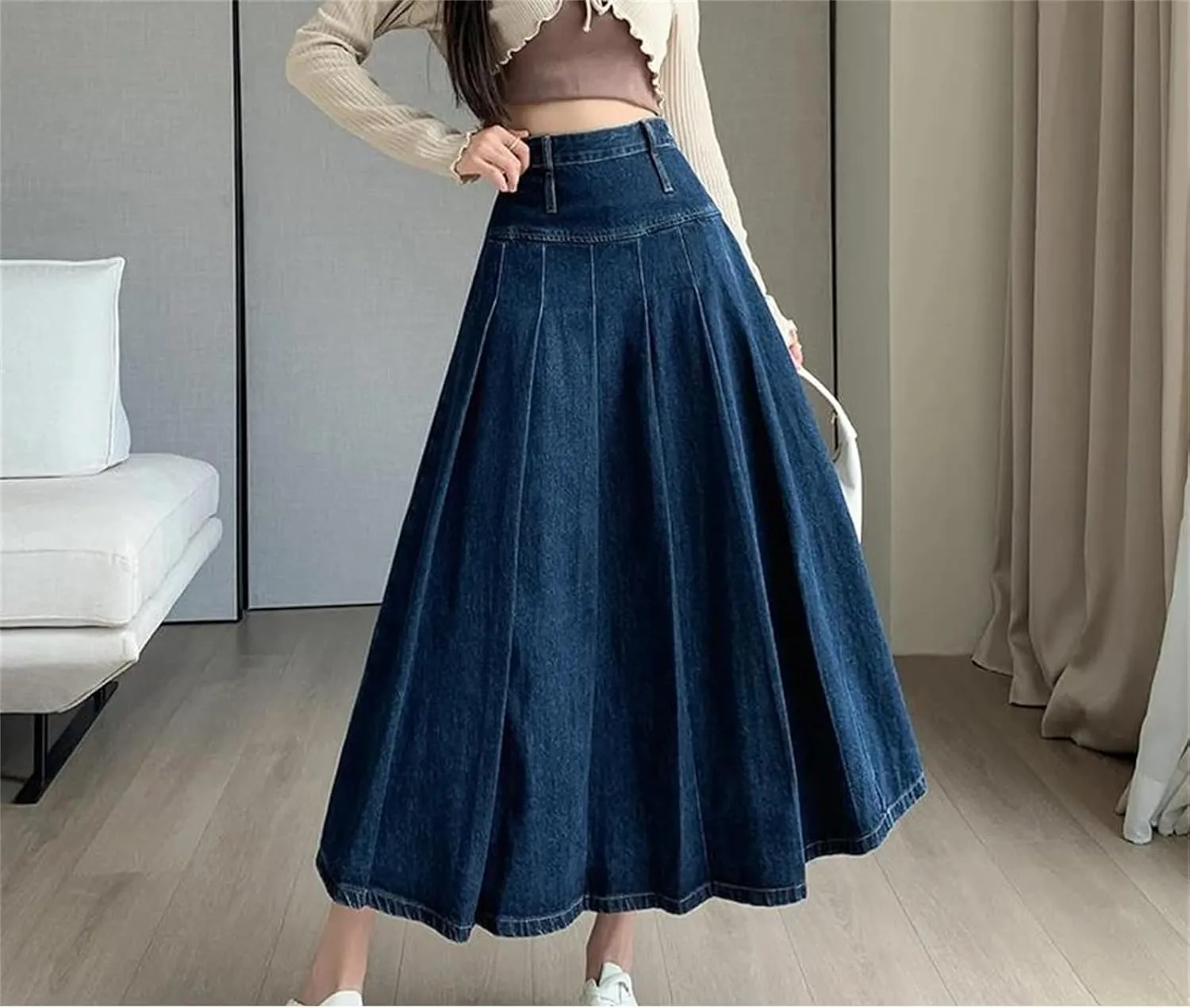 Women Chic Pleated Skirts Spring Autumn High Waist Straight Loose Denim Midi Skirts