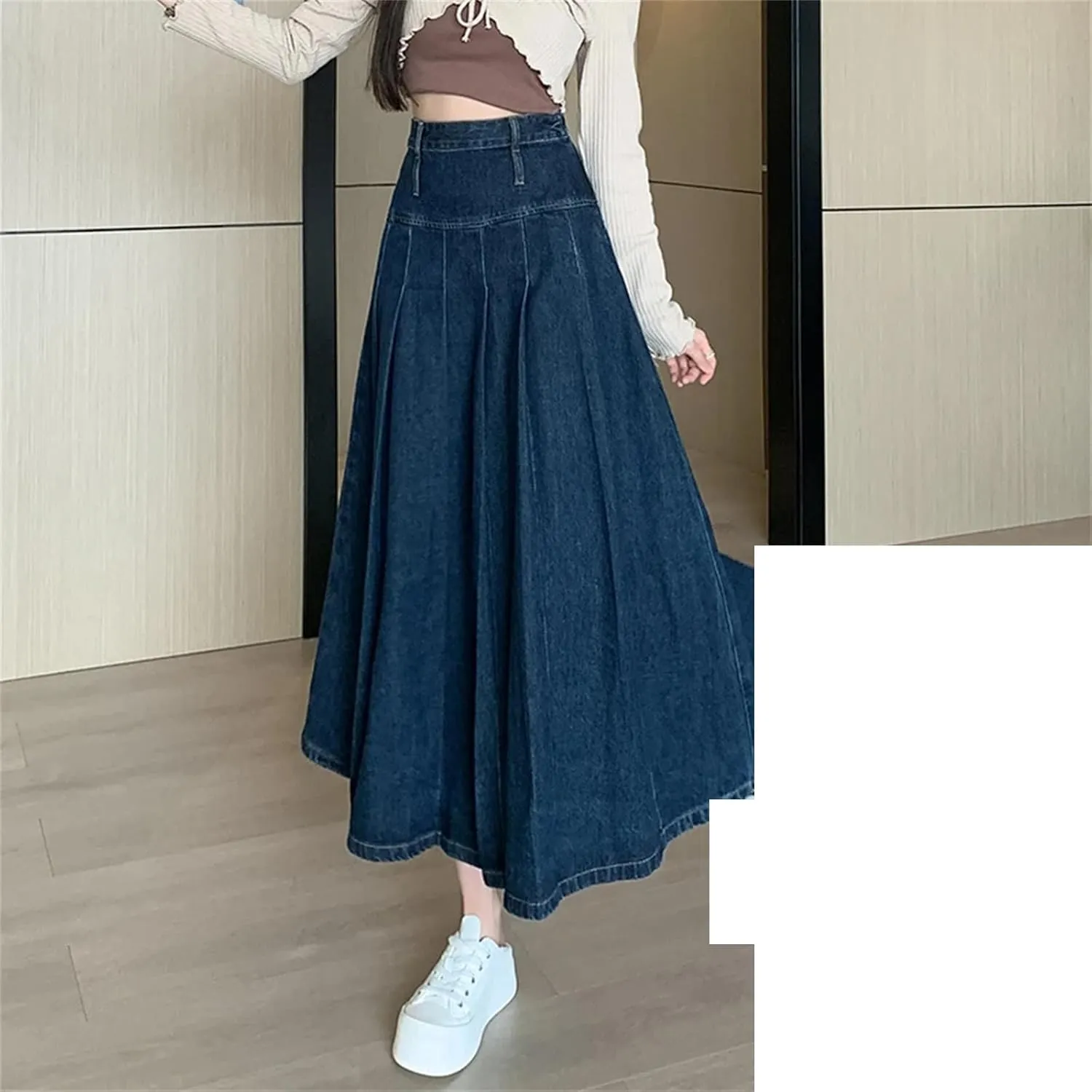 Women Chic Pleated Skirts Spring Autumn High Waist Straight Loose Denim Midi Skirts