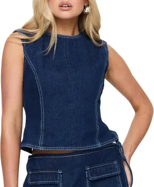 Women Denim Sleeveless Tank Tops Backless Tie Up Back Crew Neck Fitted Vest Summer Fashion Party Club Jean Top