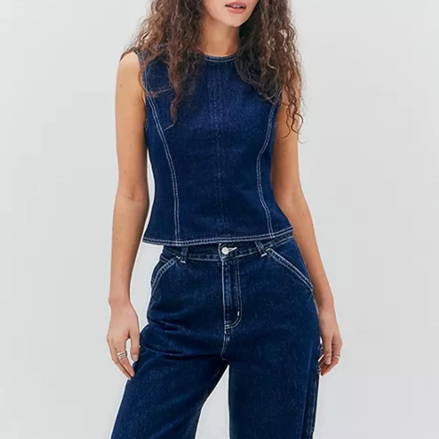 Women Denim Sleeveless Tank Tops Backless Tie Up Back Crew Neck Fitted Vest Summer Fashion Party Club Jean Top
