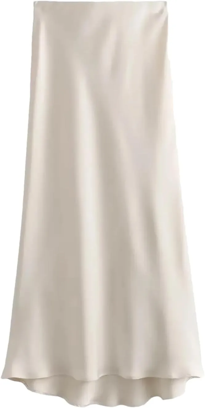 Women Fashion Satin Pleated Midi Skirt, Vintage Mid Elastic Waist for Chic Ladies