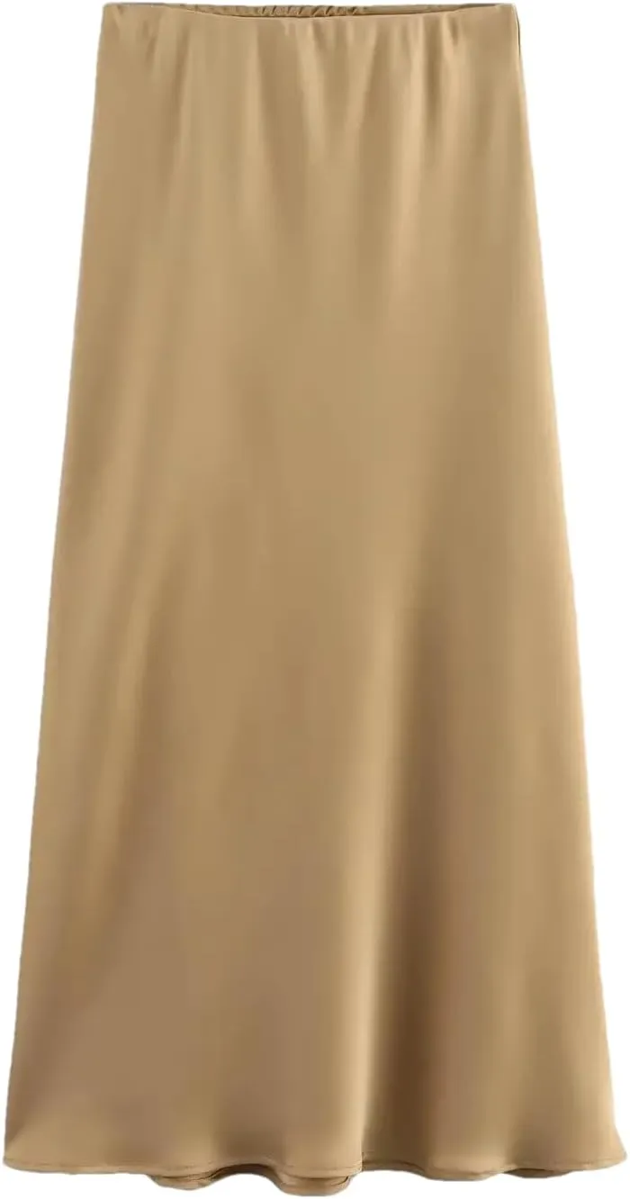 Women Fashion Satin Pleated Midi Skirt, Vintage Mid Elastic Waist for Chic Ladies