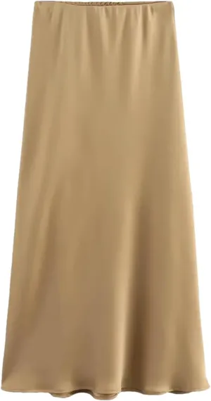 Women Fashion Satin Pleated Midi Skirt, Vintage Mid Elastic Waist for Chic Ladies