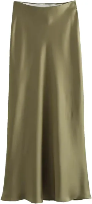 Women Fashion Satin Pleated Midi Skirt, Vintage Mid Elastic Waist for Chic Ladies