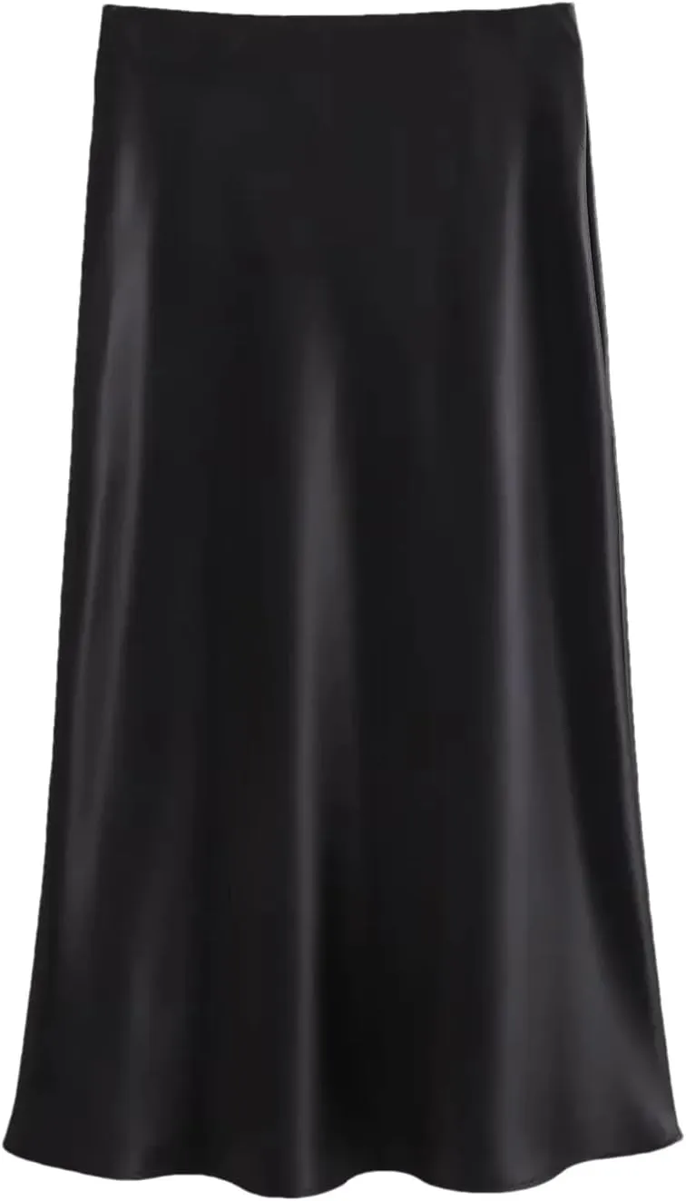 Women Fashion Satin Pleated Midi Skirt, Vintage Mid Elastic Waist for Chic Ladies