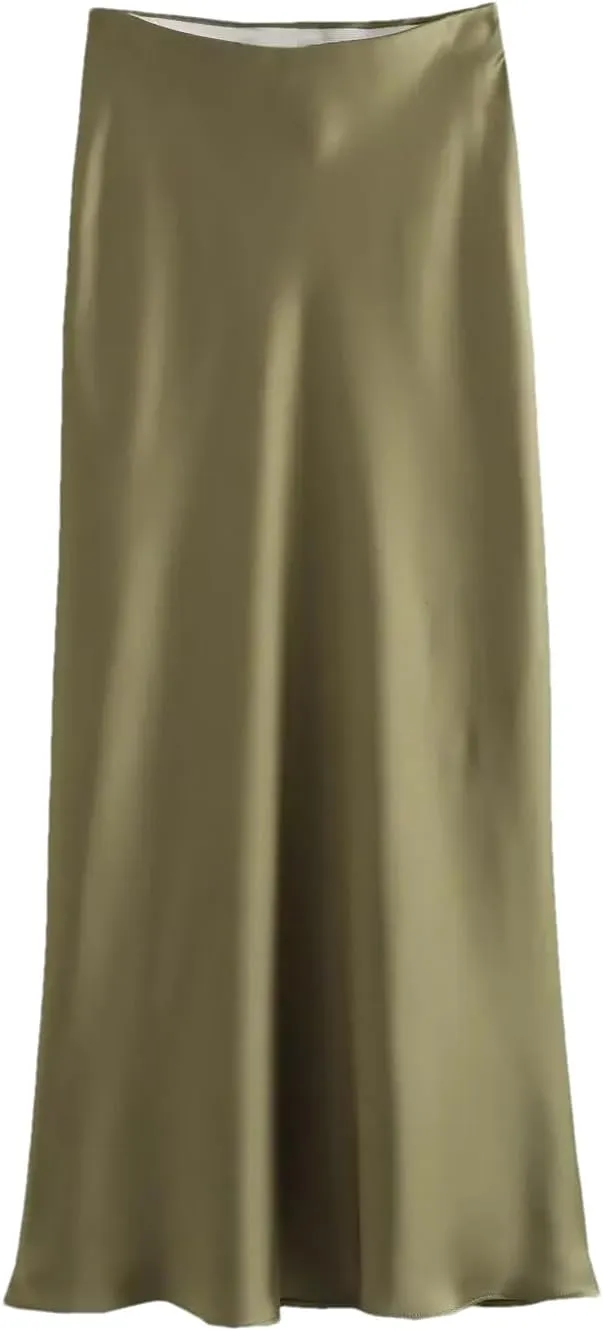 Women Fashion Satin Pleated Midi Skirt, Vintage Mid Elastic Waist for Chic Ladies