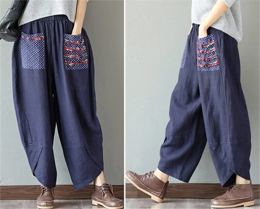 Women Harem Pants Boho Vintage Cotton Linen Wide Leg Pants Hippie Trousers