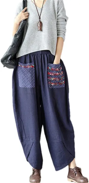 Women Harem Pants Boho Vintage Cotton Linen Wide Leg Pants Hippie Trousers