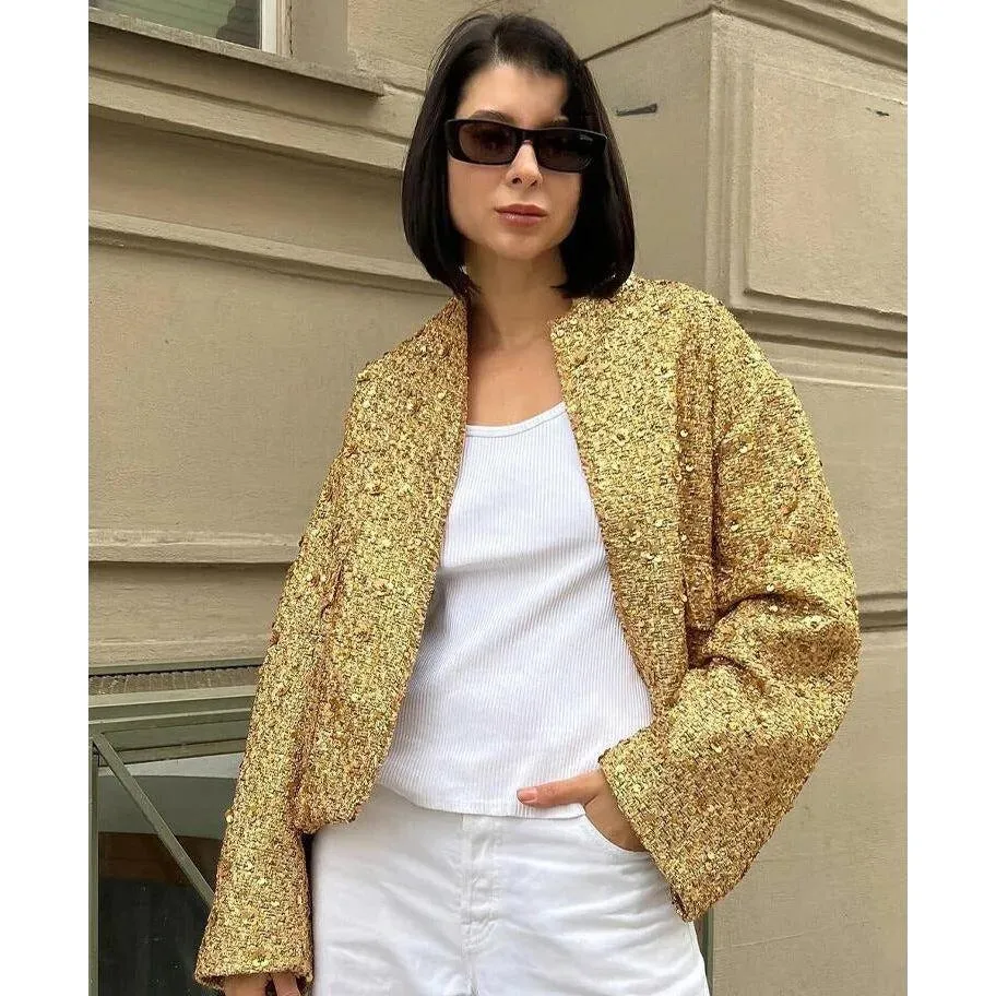 Women Sequin Tweed Stand Collar Jacket