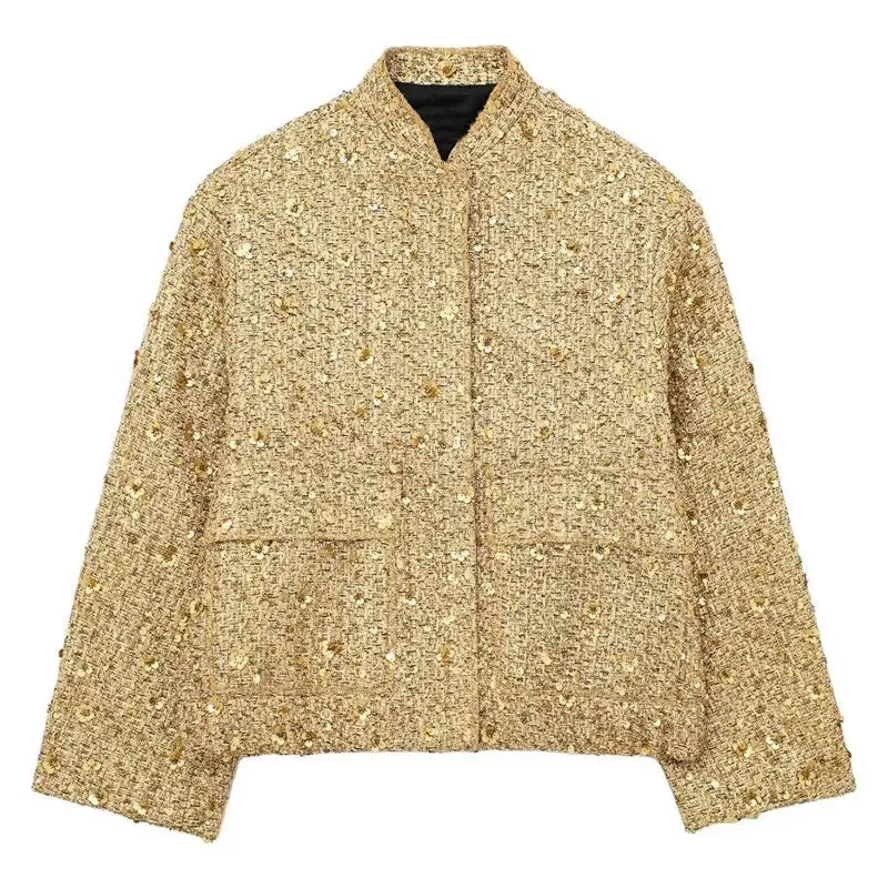 Women Sequin Tweed Stand Collar Jacket