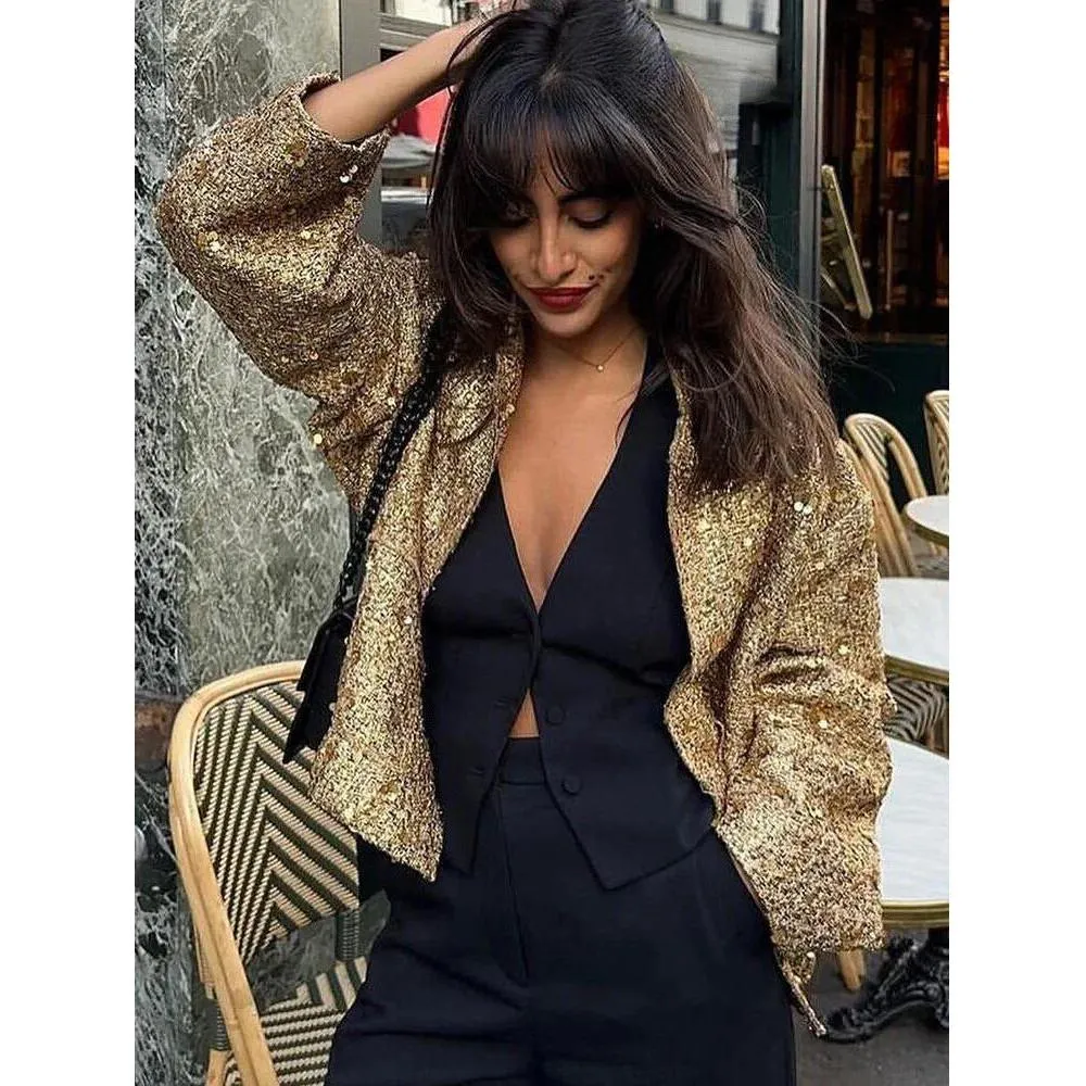 Women Sequin Tweed Stand Collar Jacket