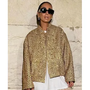 Women Sequin Tweed Stand Collar Jacket
