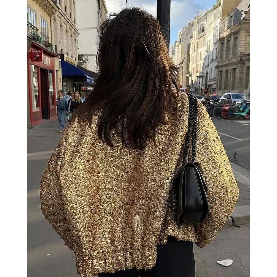Women Sequin Tweed Stand Collar Jacket