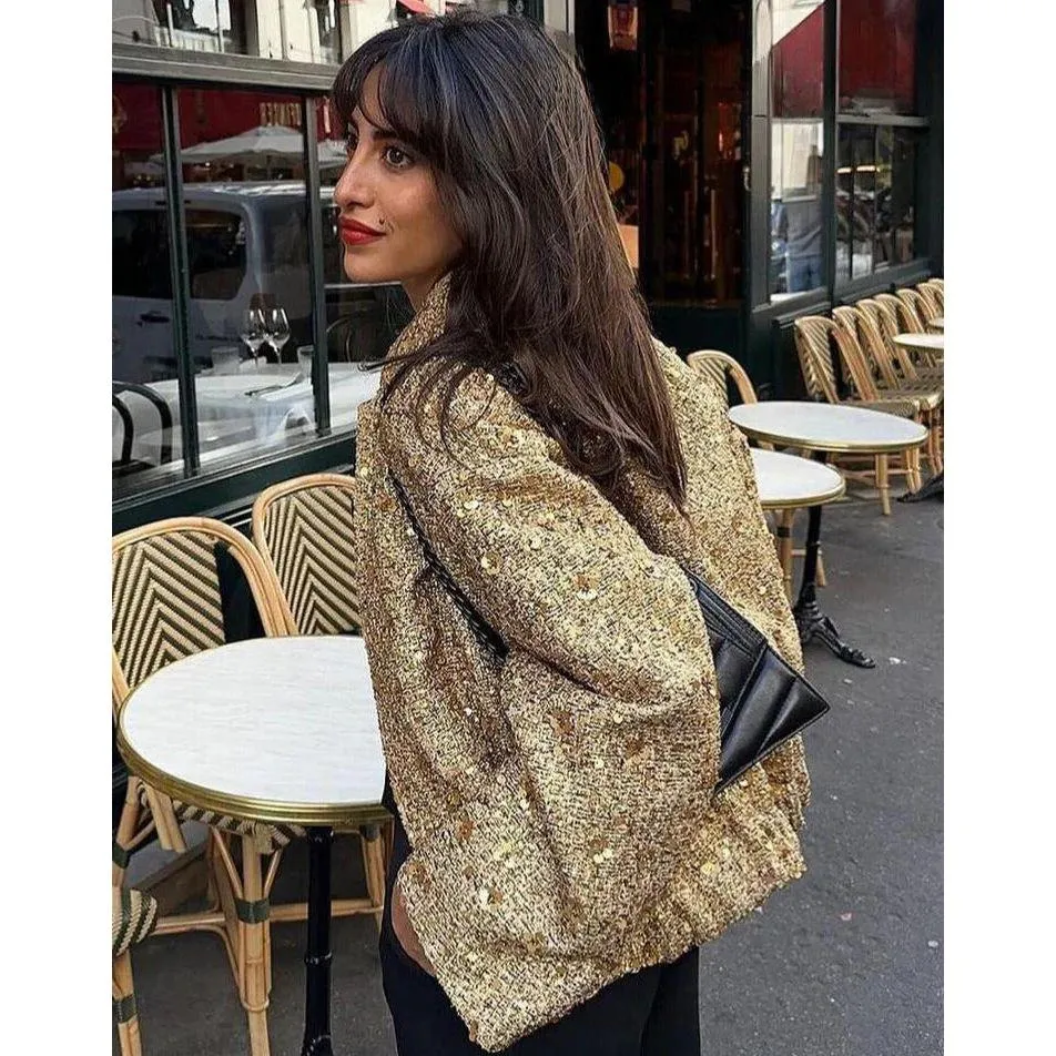 Women Sequin Tweed Stand Collar Jacket