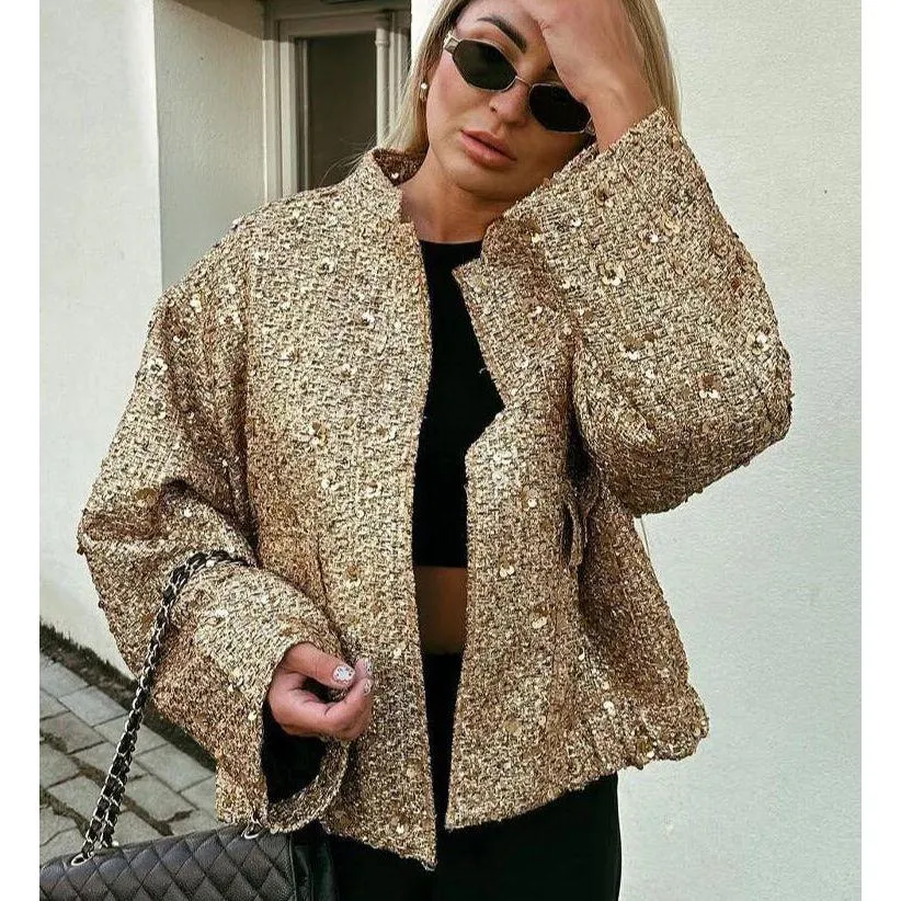 Women Sequin Tweed Stand Collar Jacket