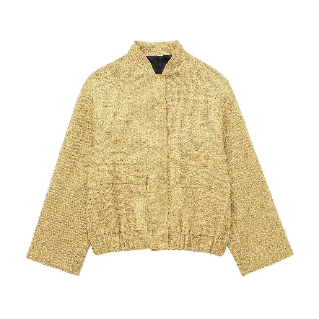 Women Sequin Tweed Stand Collar Jacket