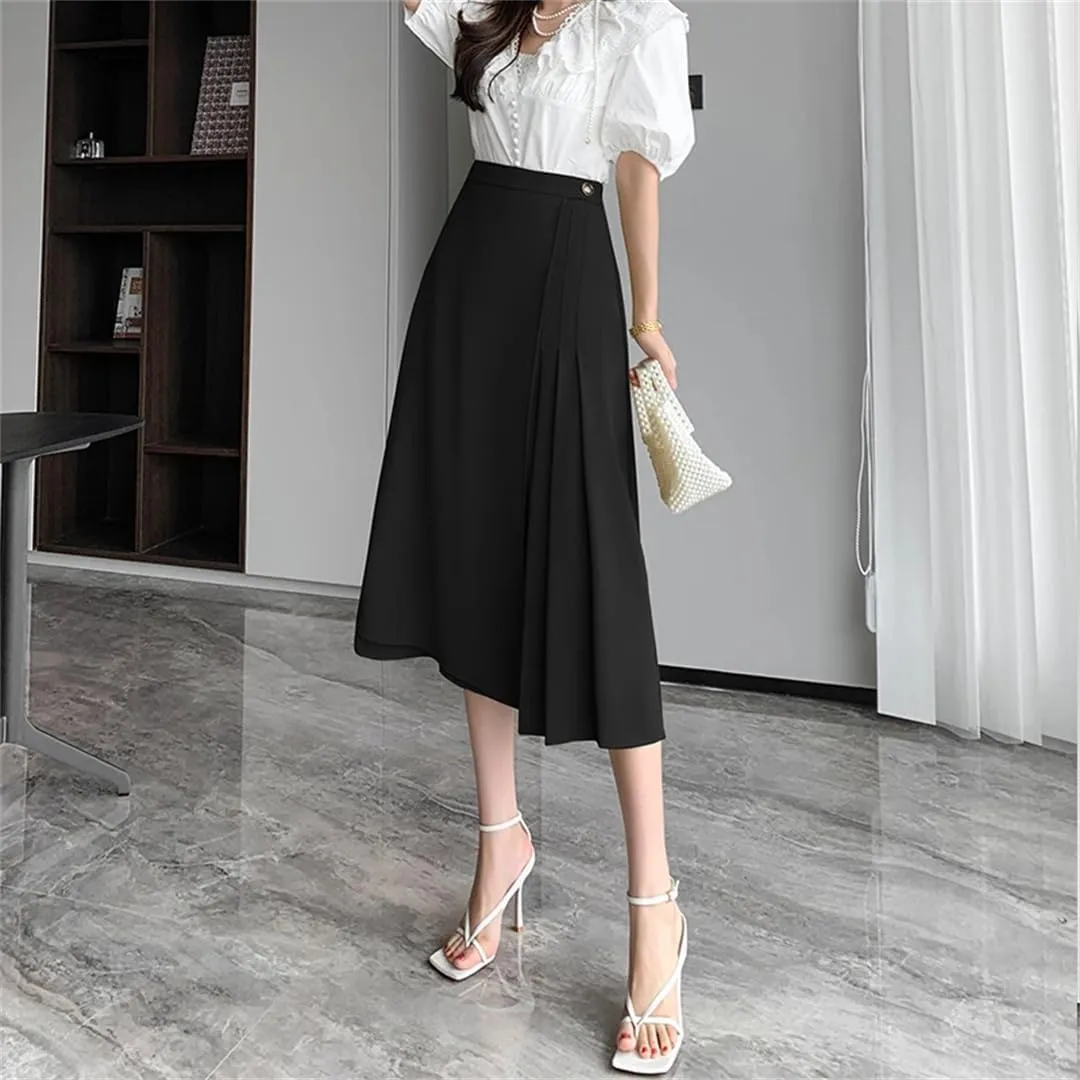 Women Summer Elegant Pleated A-Line Skirts Office High Waist Mid Length Skirts