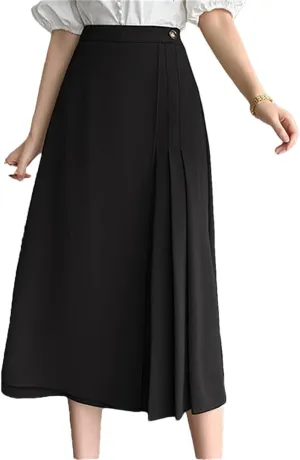 Women Summer Elegant Pleated A-Line Skirts Office High Waist Mid Length Skirts