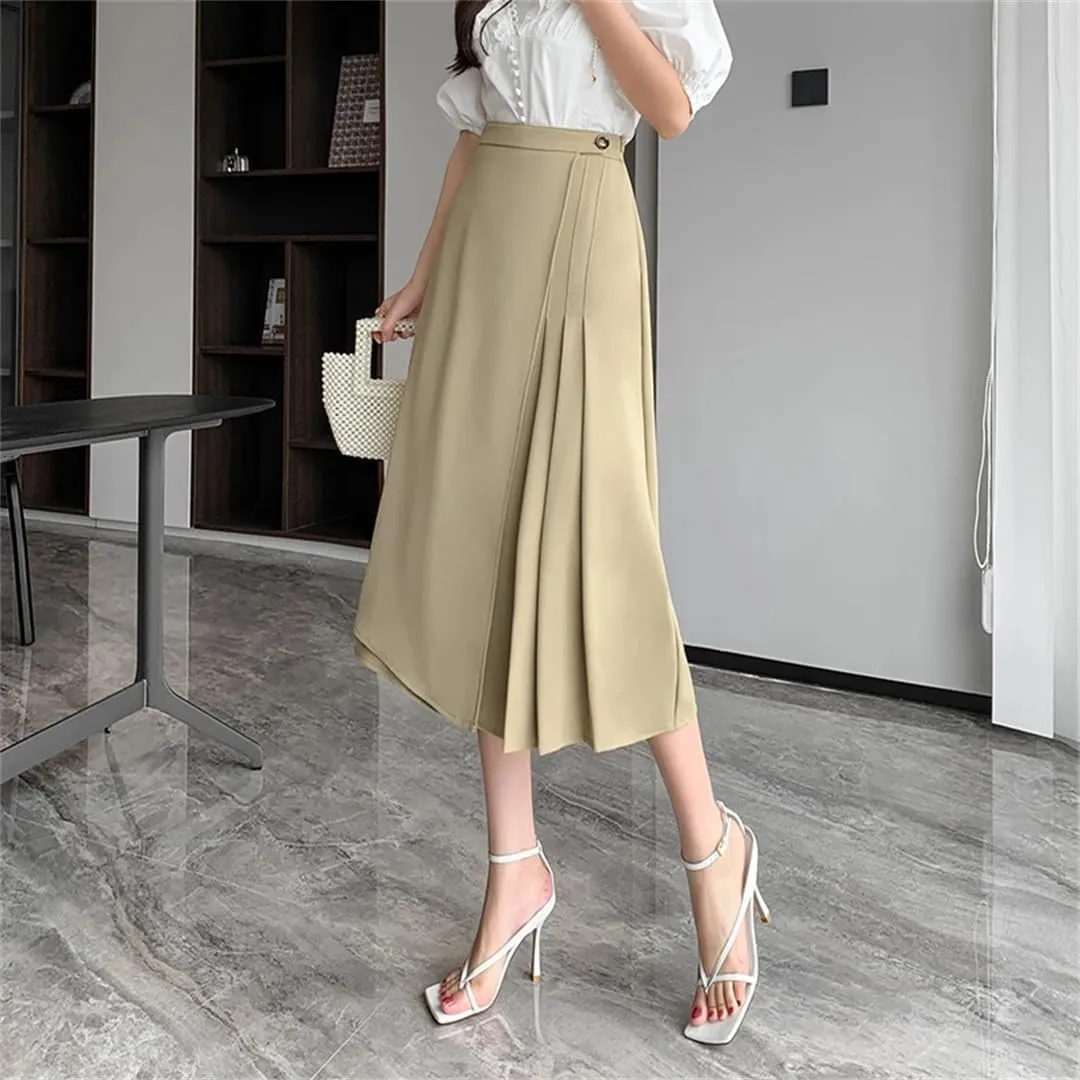 Women Summer Elegant Pleated A-Line Skirts Office High Waist Mid Length Skirts