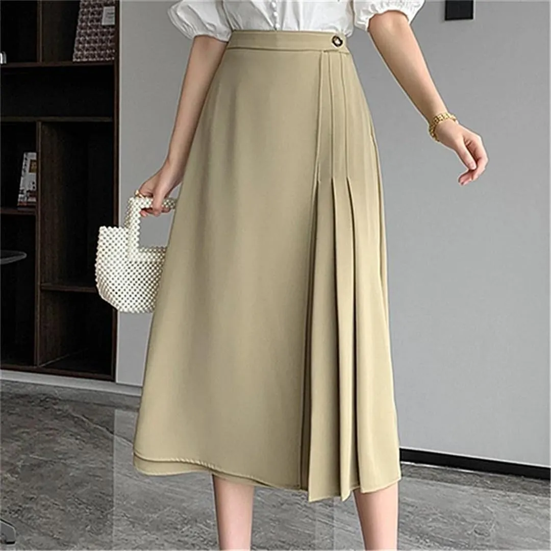 Women Summer Elegant Pleated A-Line Skirts Office High Waist Mid Length Skirts