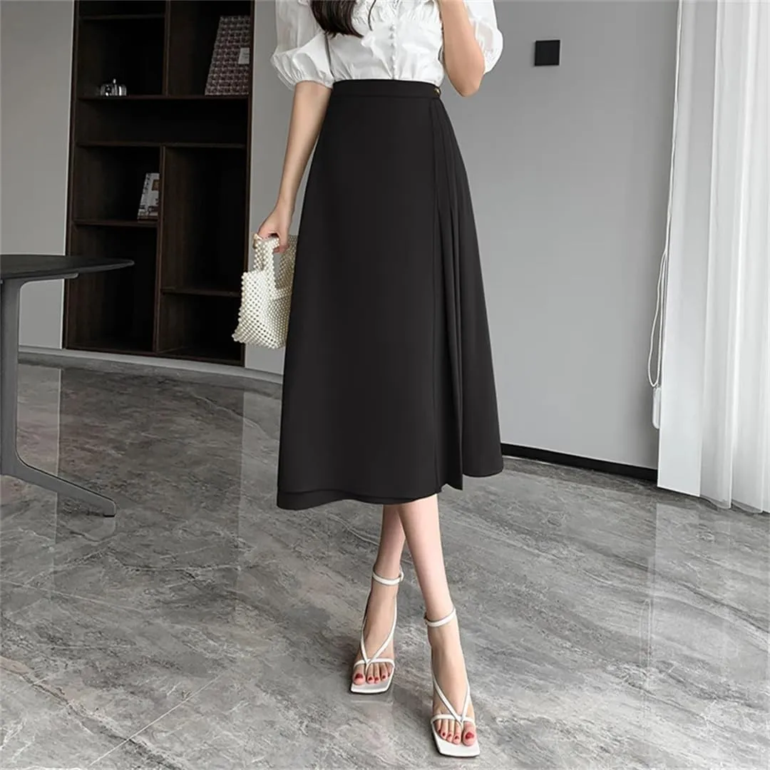 Women Summer Elegant Pleated A-Line Skirts Office High Waist Mid Length Skirts