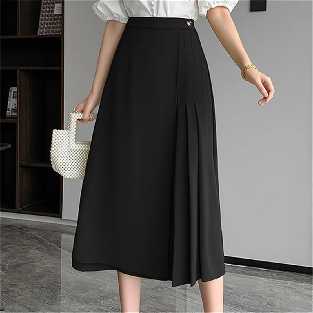 Women Summer Elegant Pleated A-Line Skirts Office High Waist Mid Length Skirts