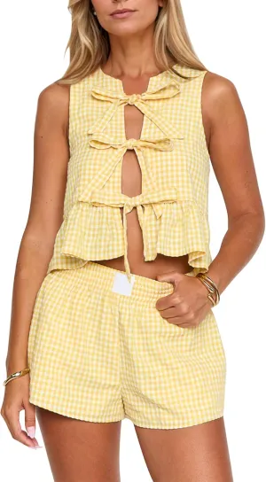 Women Y2k Gingham Two Piece Sets Tie Front Plaid Tank Top and Wide Leg Shorts Pajama Set Vacation Outfits with Pockets