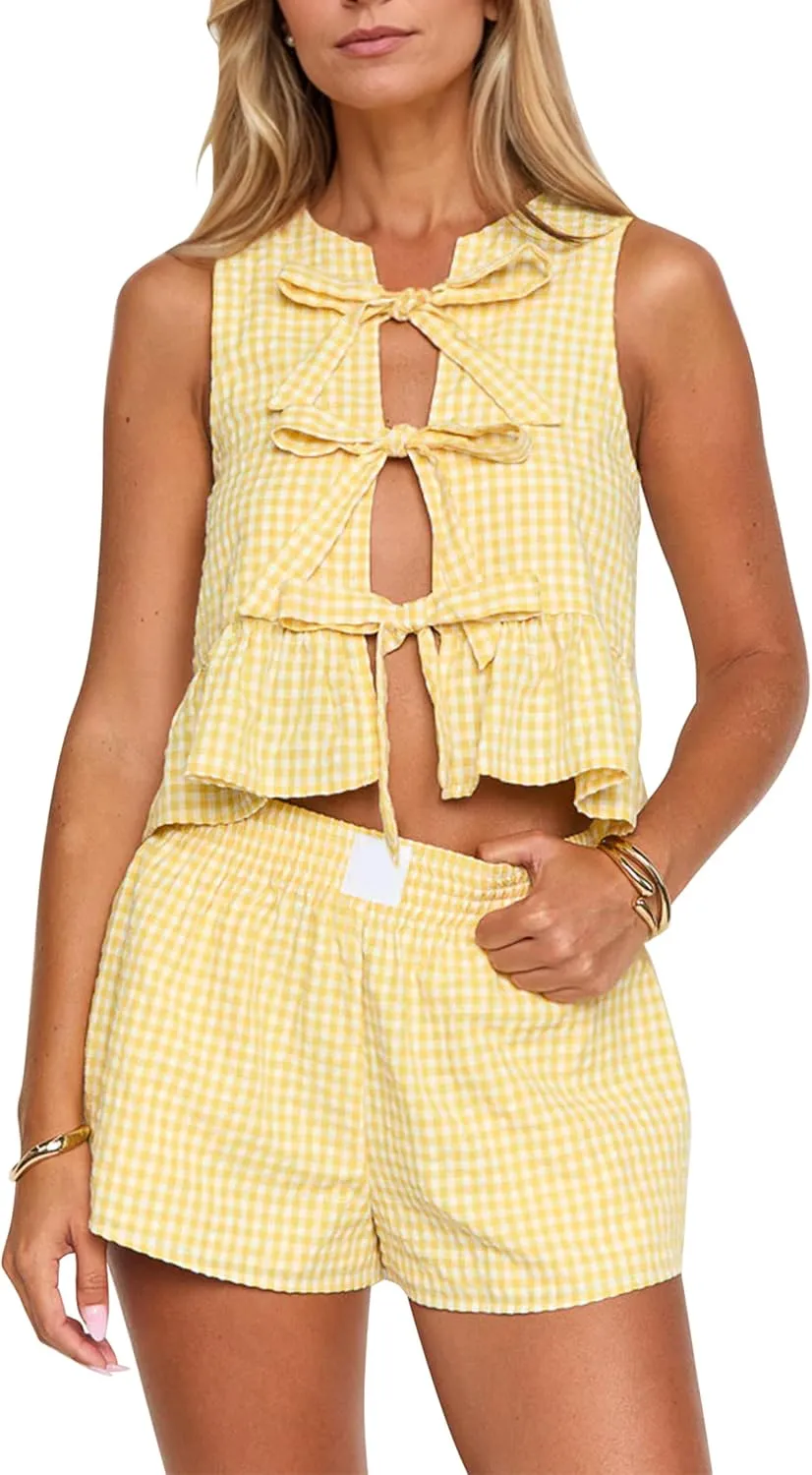 Women Y2k Gingham Two Piece Sets Tie Front Plaid Tank Top and Wide Leg Shorts Pajama Set Vacation Outfits with Pockets