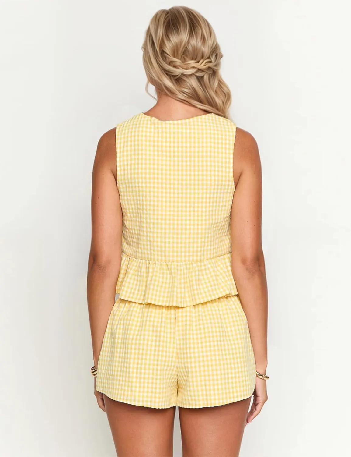 Women Y2k Gingham Two Piece Sets Tie Front Plaid Tank Top and Wide Leg Shorts Pajama Set Vacation Outfits with Pockets