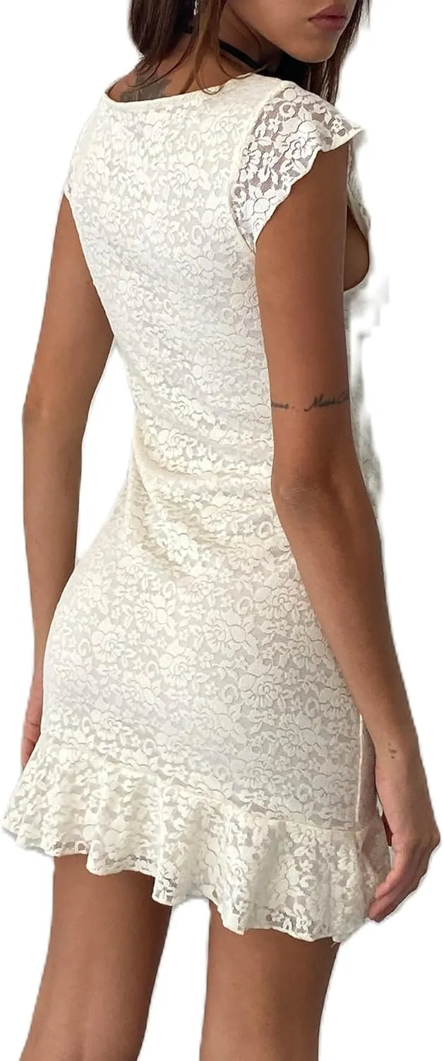 Women Y2k Lace Trim Mini Dress Sleeveless Bodycon Corset Short Dresses Sexy Ruffle Club Party Dresses