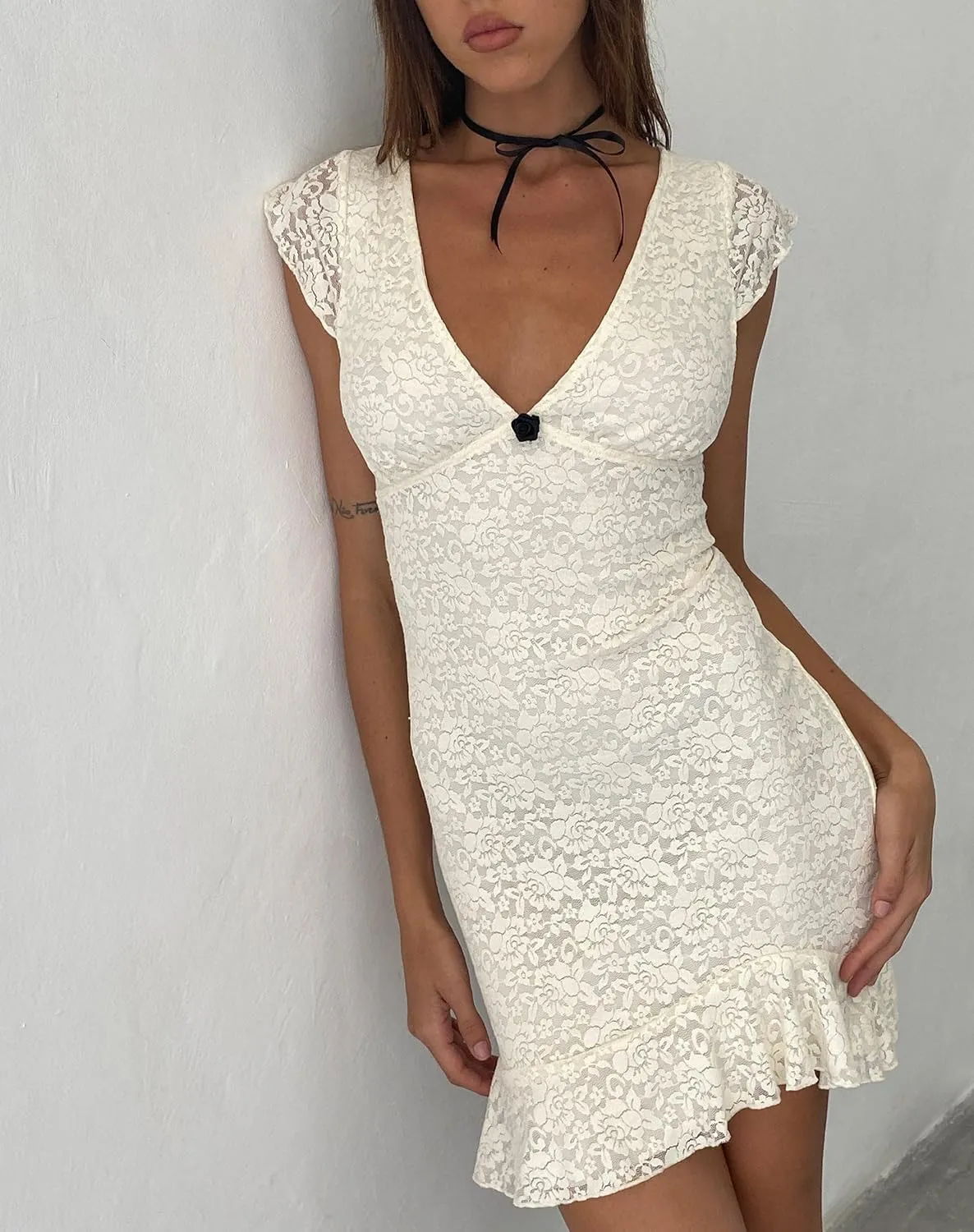 Women Y2k Lace Trim Mini Dress Sleeveless Bodycon Corset Short Dresses Sexy Ruffle Club Party Dresses
