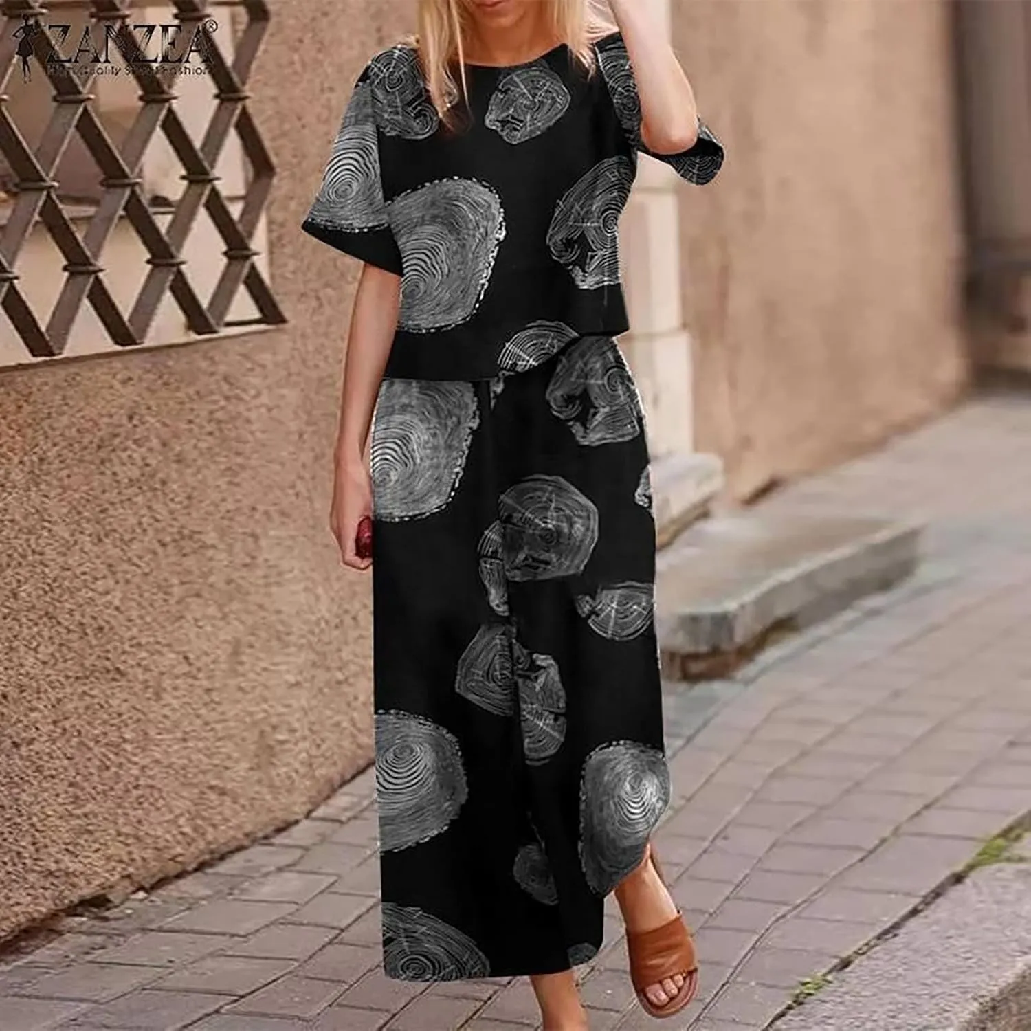 Women's 2 Piece Outfits Linen Short Sleeve Casual Sets Crewneck Tops Wide Leg Pants Summer Plus Size Lounge Suits