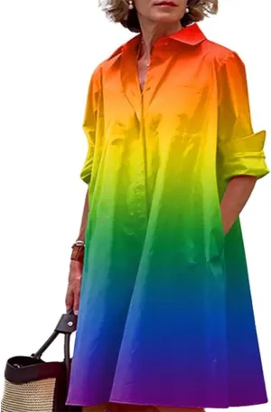 Womens 2025 Long Sleeve Button Down Shirt Summer Dress Casual V Neck Loose Fit Midi Shirt Dresses with Pockets