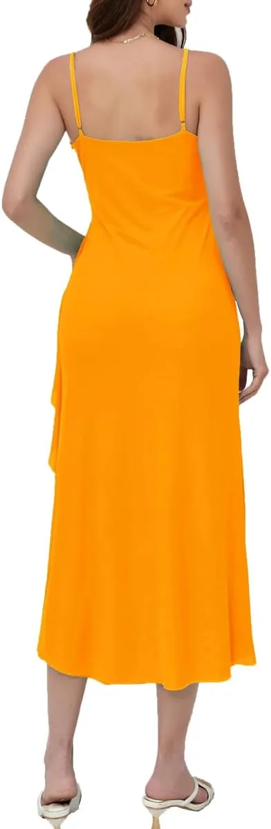 Women's 2025 Spaghetti Strap Ruffle Side Split Long Dress Elastic Slim Party Maxi Dresses