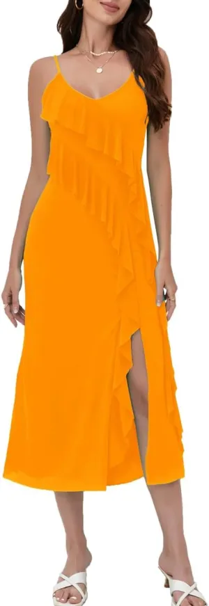 Women's 2025 Spaghetti Strap Ruffle Side Split Long Dress Elastic Slim Party Maxi Dresses