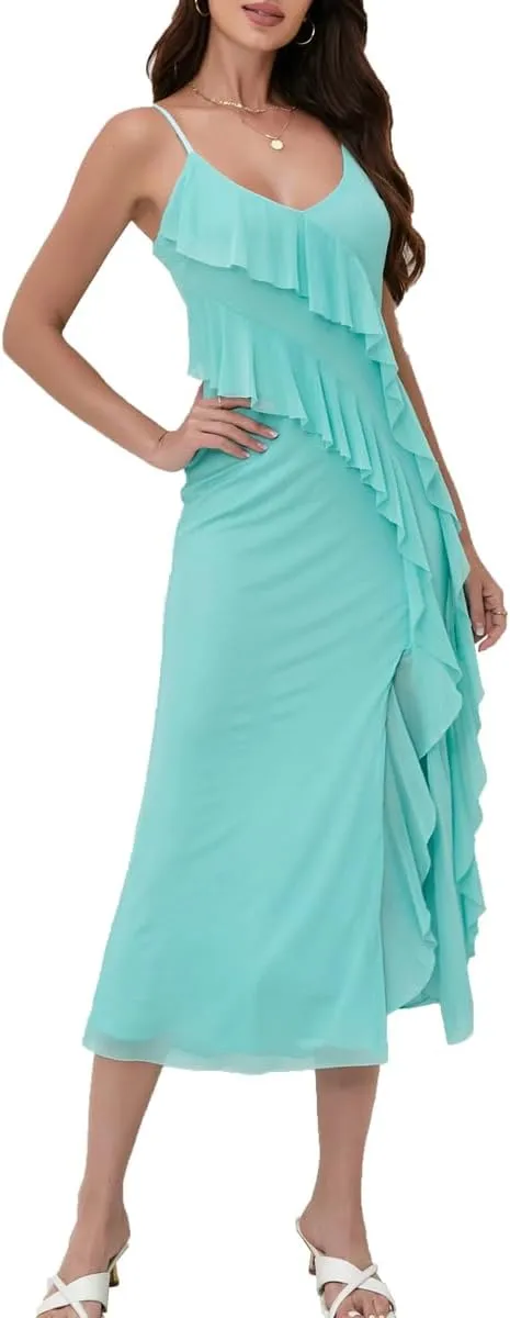 Women's 2025 Spaghetti Strap Ruffle Side Split Long Dress Elastic Slim Party Maxi Dresses