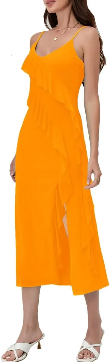 Women's 2025 Spaghetti Strap Ruffle Side Split Long Dress Elastic Slim Party Maxi Dresses