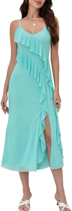 Women's 2025 Spaghetti Strap Ruffle Side Split Long Dress Elastic Slim Party Maxi Dresses