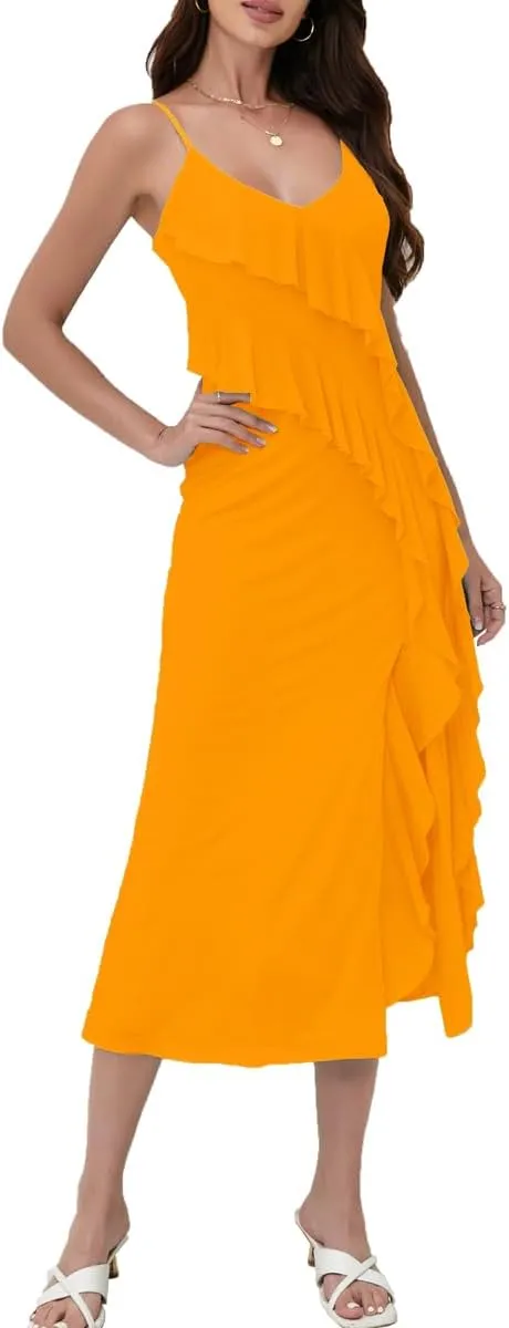 Women's 2025 Spaghetti Strap Ruffle Side Split Long Dress Elastic Slim Party Maxi Dresses