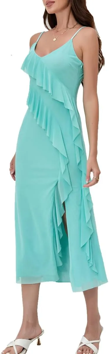 Women's 2025 Spaghetti Strap Ruffle Side Split Long Dress Elastic Slim Party Maxi Dresses