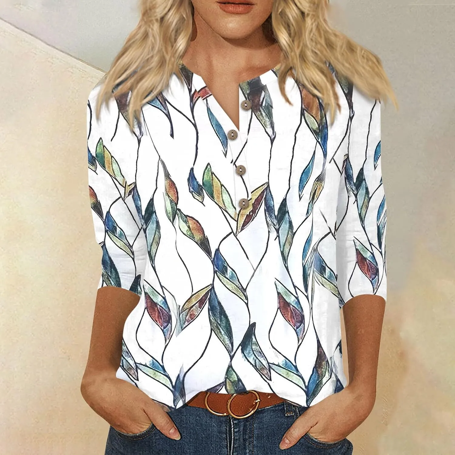 Womens 3/4 Length Sleeve Tops Casual Henley Summer Shirts Loose Fit Three Quarter Length Sleeve Blouses