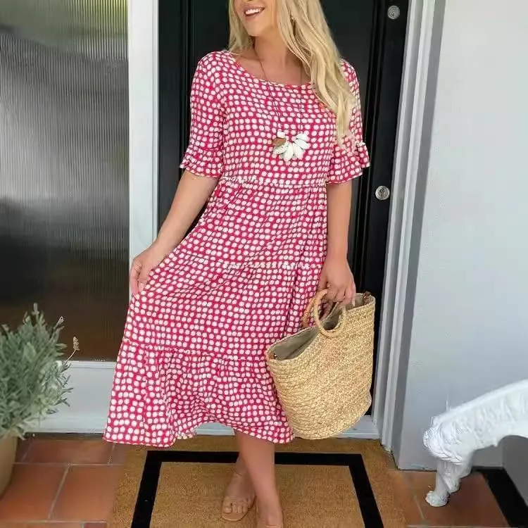 Womens Boho Polka Dot Midi Dresses Short Sleeve Crew Neck Flowy Swing Loose Long Beach Party Dresses