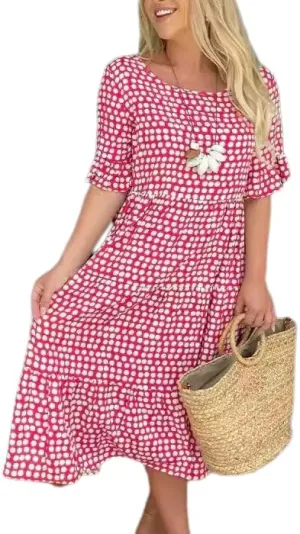 Womens Boho Polka Dot Midi Dresses Short Sleeve Crew Neck Flowy Swing Loose Long Beach Party Dresses