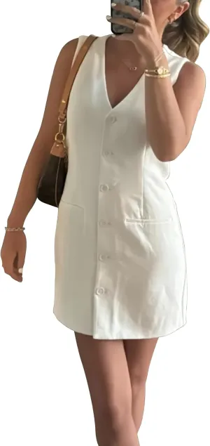 Womens Cotton Linen Vest Mini Dress Casual Button Down Sleeveless V Neck Short Tops with Pockets