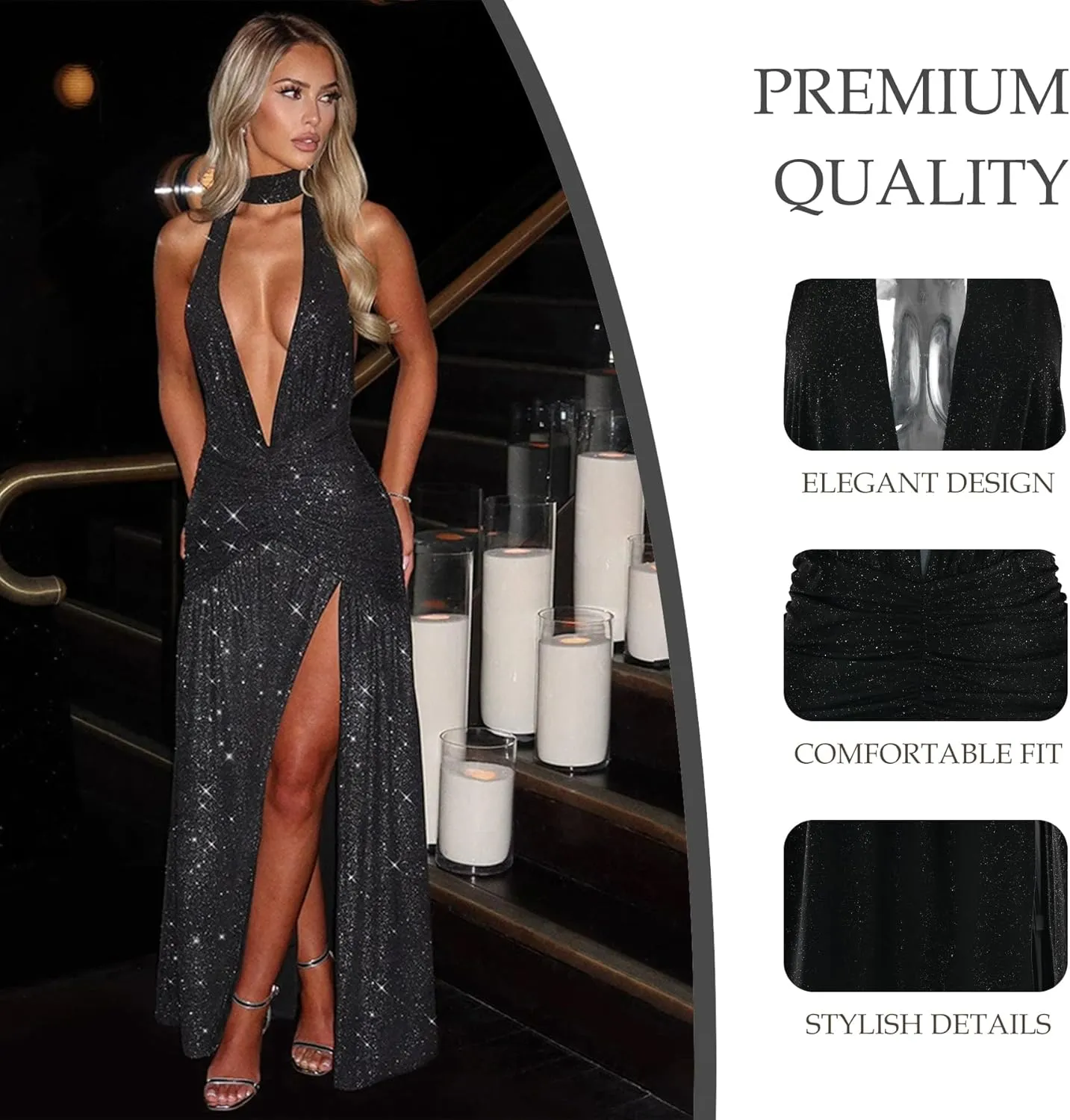 Women's Deep V-Neck Sleeveless Dress Solid Color Casual Backless Slit Sequins Maxi Party Dress Formal Evening Party Gowns