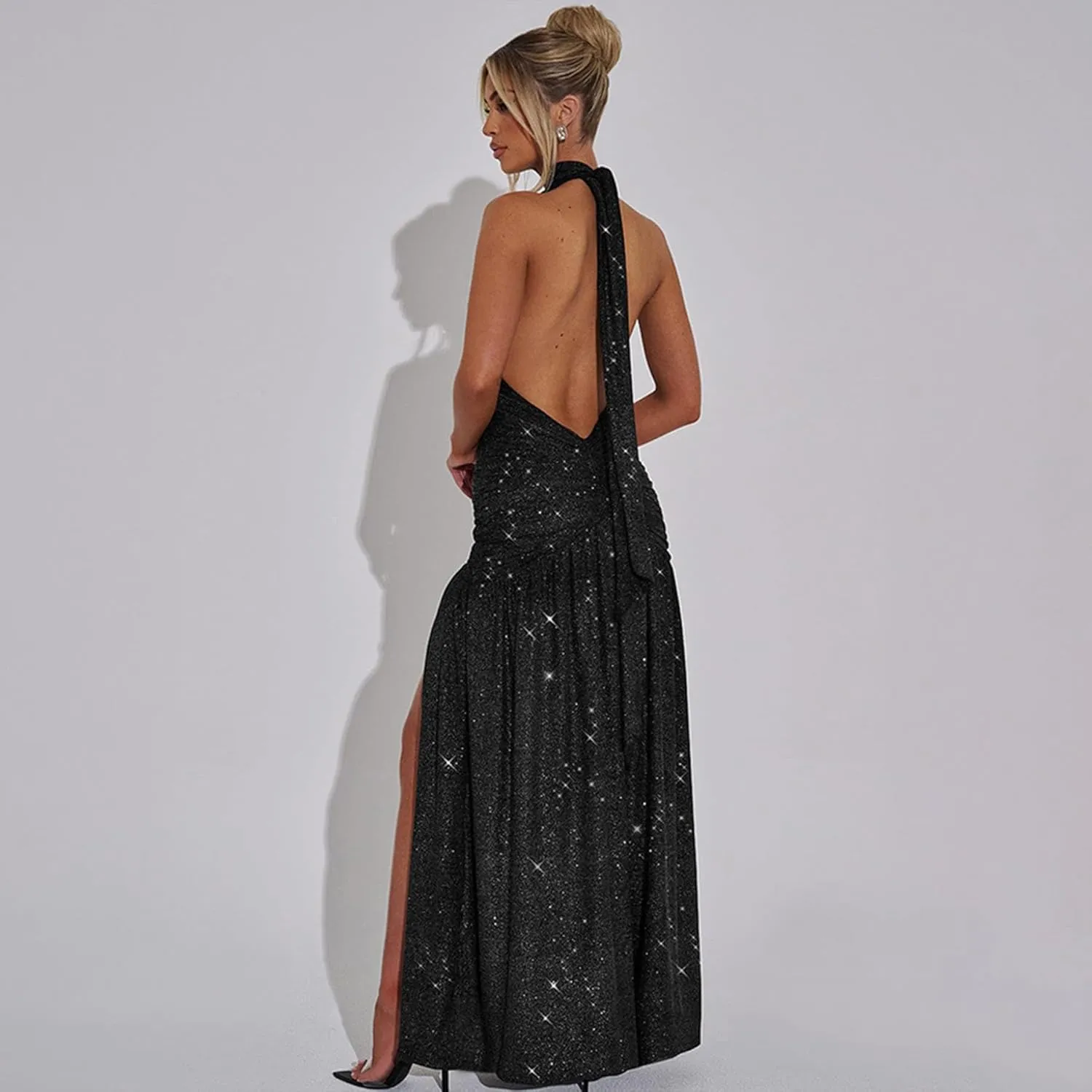 Women's Deep V-Neck Sleeveless Dress Solid Color Casual Backless Slit Sequins Maxi Party Dress Formal Evening Party Gowns