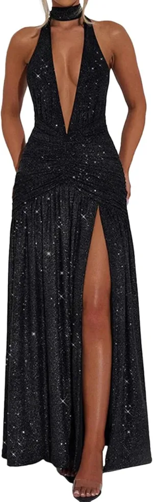 Women's Deep V-Neck Sleeveless Dress Solid Color Casual Backless Slit Sequins Maxi Party Dress Formal Evening Party Gowns