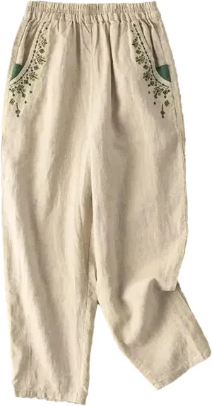 Women's Embroidery Linen Casual Trousers Elastic High Waist Loose Harem Pants