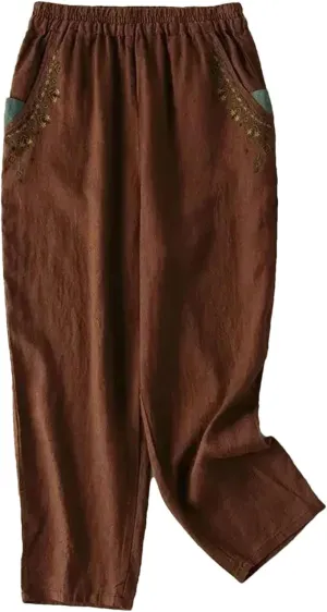Women's Embroidery Linen Casual Trousers Elastic High Waist Loose Harem Pants