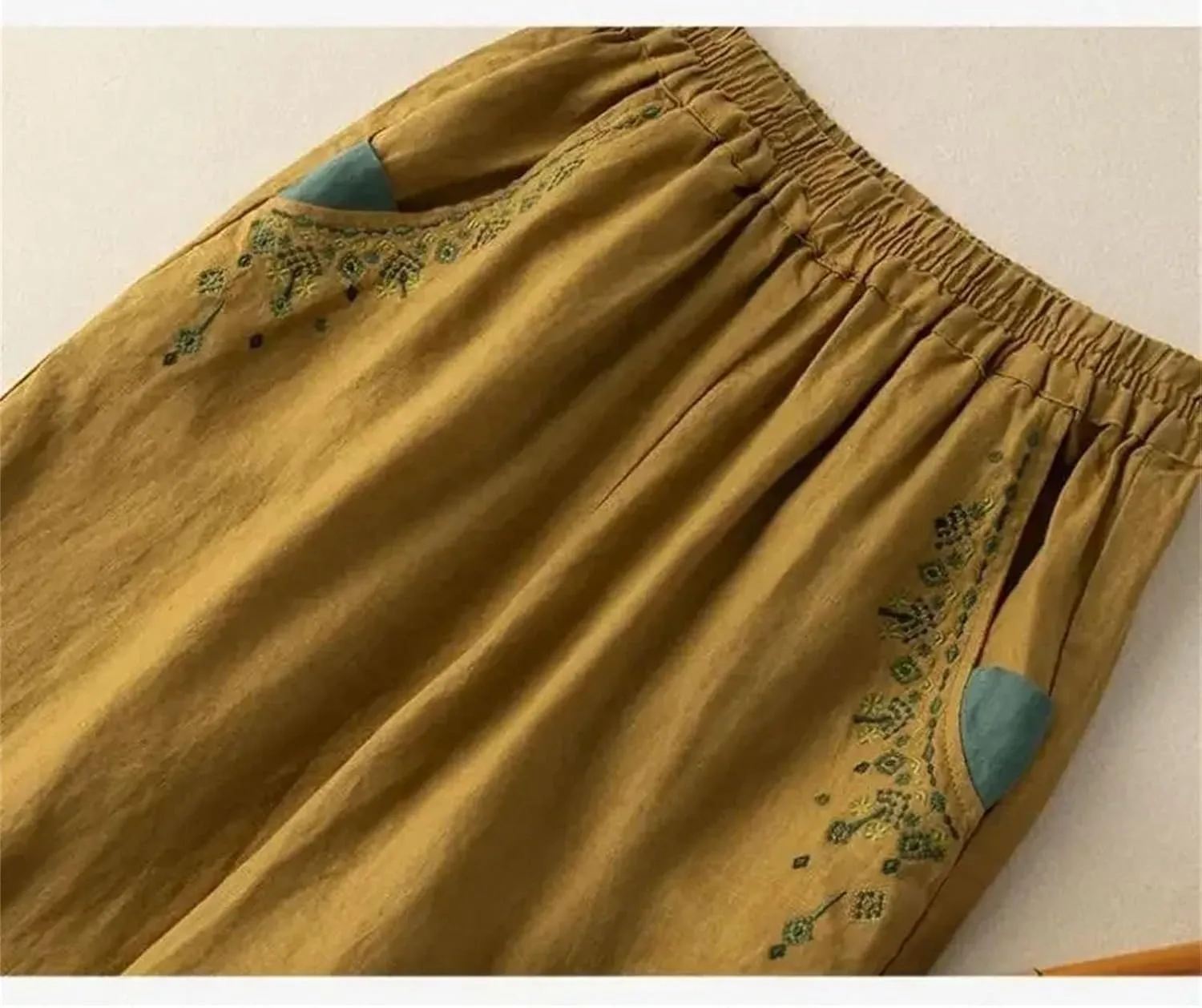 Women's Embroidery Linen Casual Trousers Elastic High Waist Loose Harem Pants